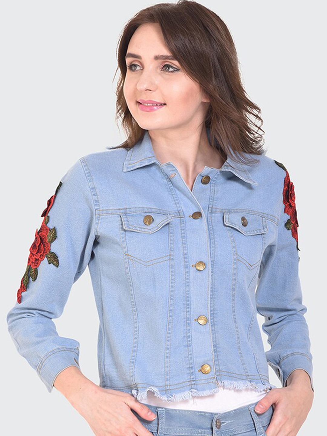 

BUY NEW TREND Women Blue Washed Striped Lightweight Denim Jacket with Embroidered