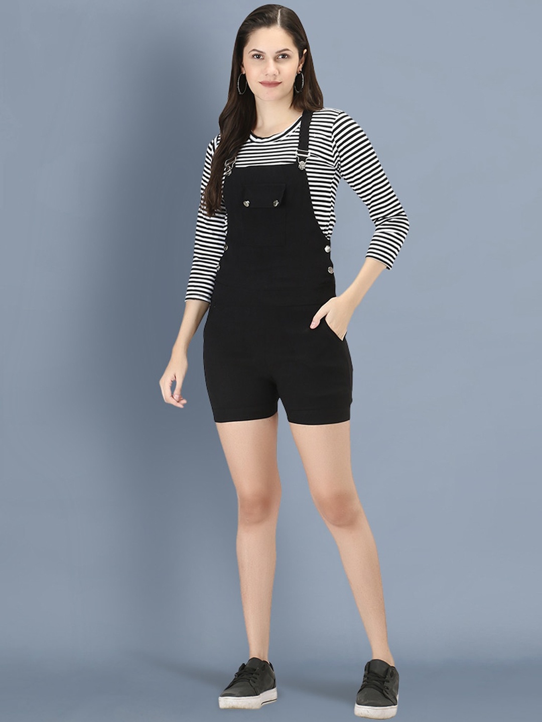 

BUY NEW TREND Women Black Solid Dungarees With T-shirt