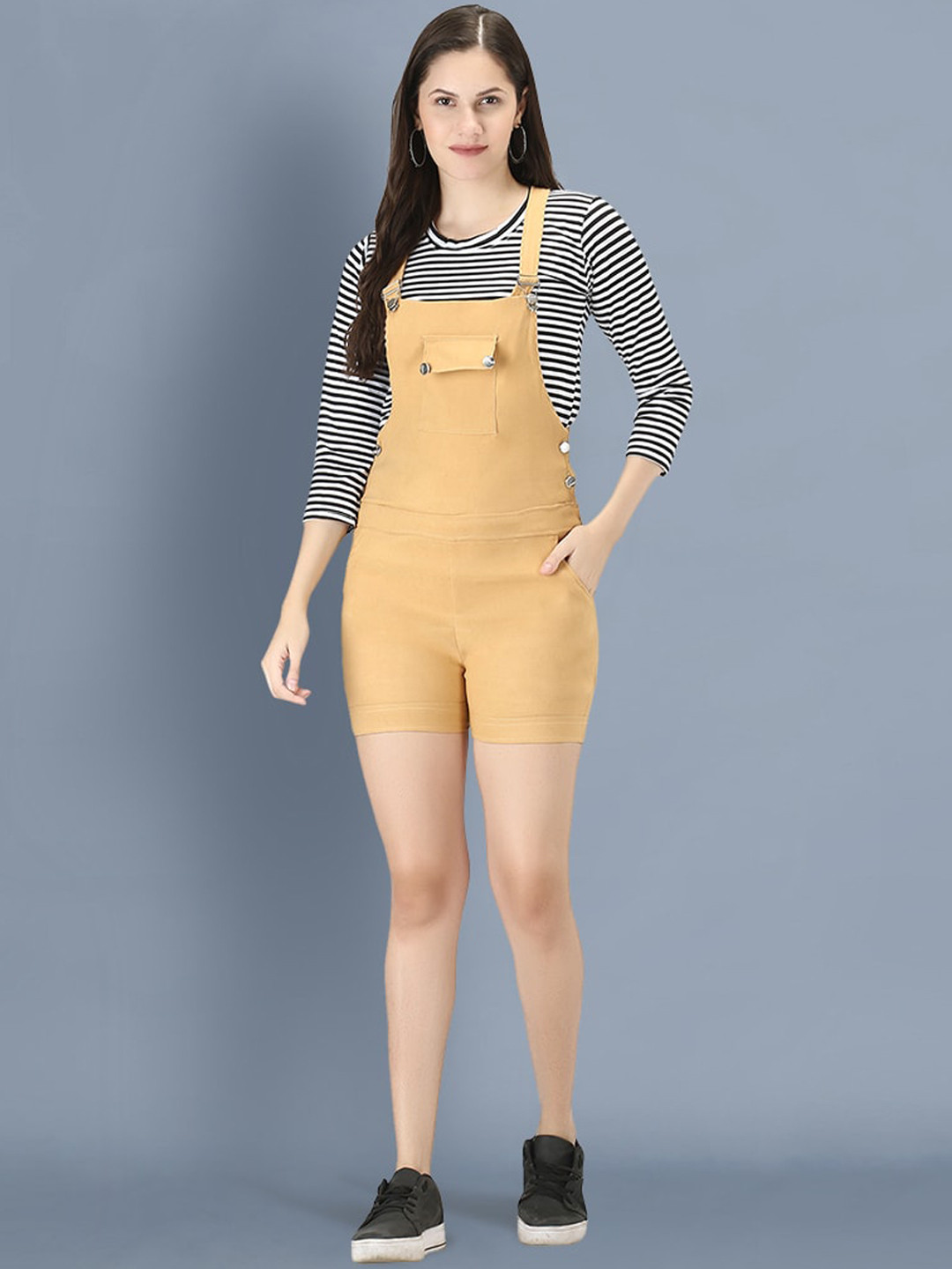 

BUY NEW TREND Women Beige Solid Slim-Fit Dungarees With T-Shirt