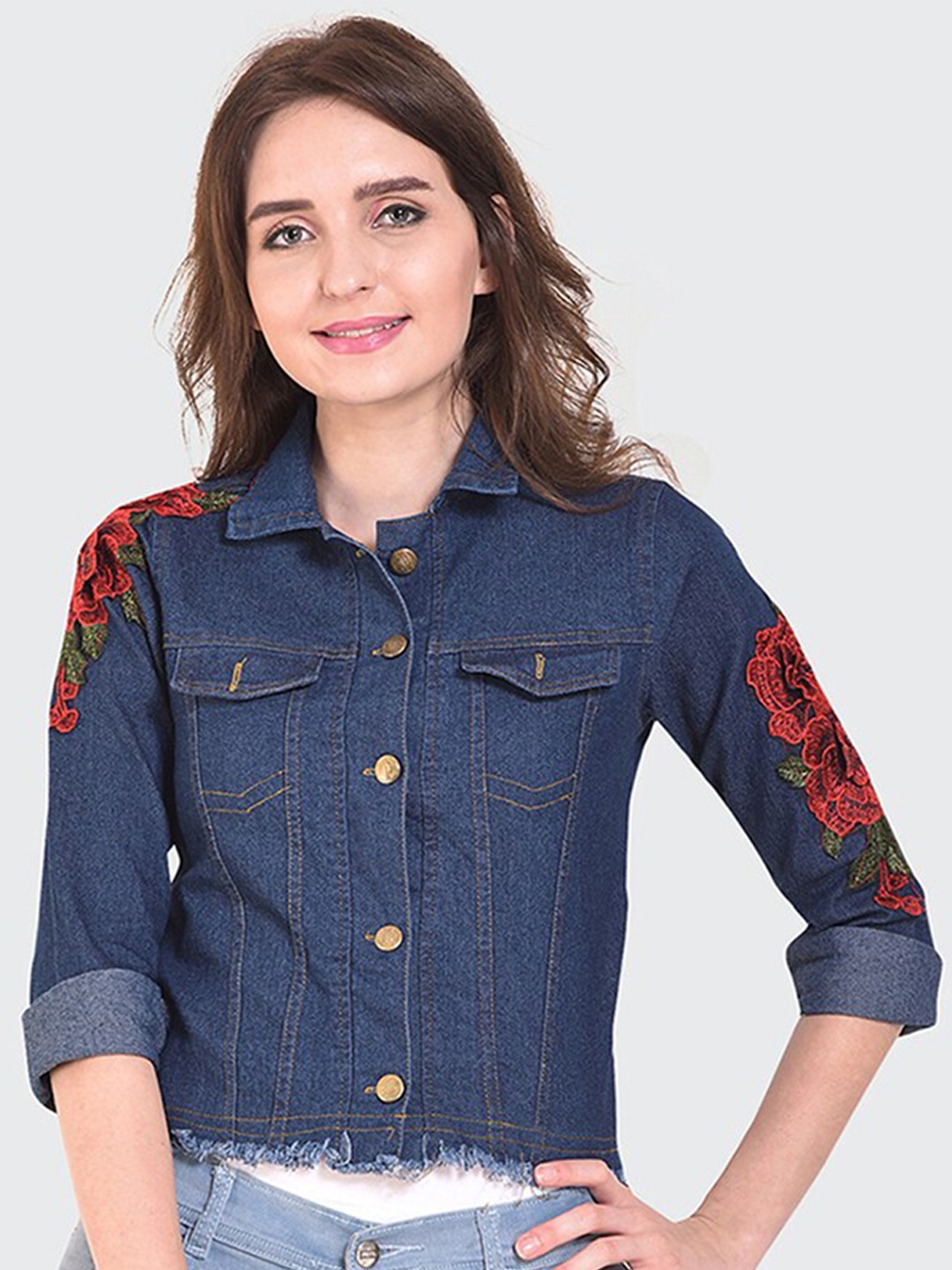 

BUY NEW TREND Women Blue Embroidered Lightweight Denim Jacket