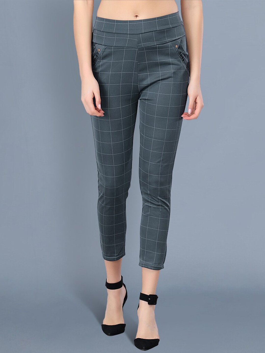 

BUY NEW TREND Women Charcoal Checked Comfort Slim Fit Trousers