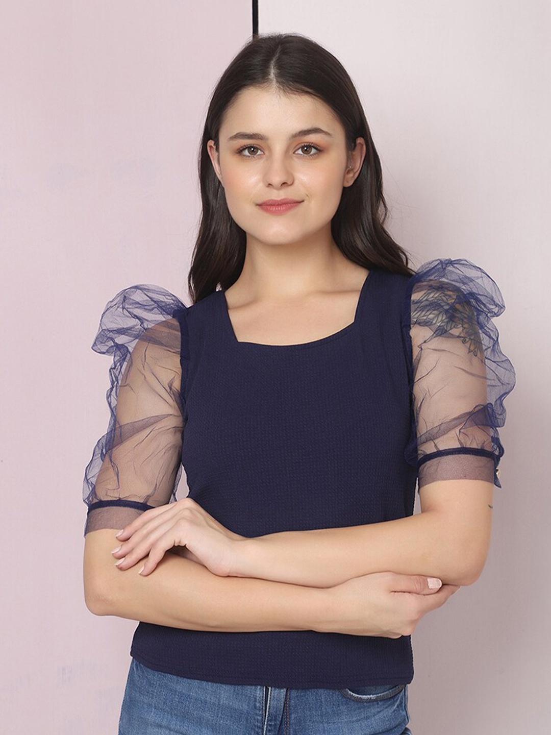 

BUY NEW TREND Women Navy Blue Lace Top
