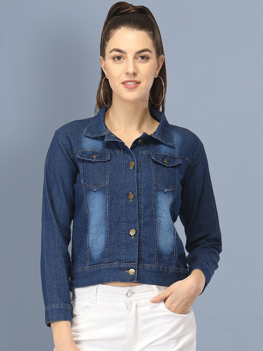 

BUY NEW TREND Women Blue Washed Lightweight Cotton Denim Jacket