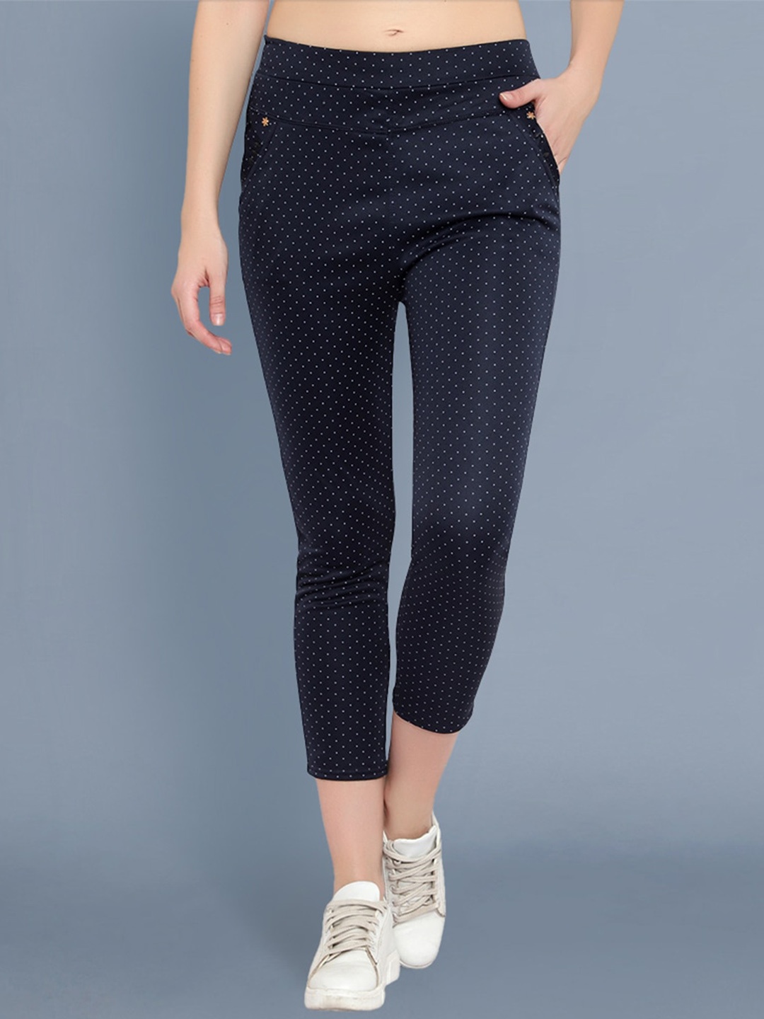 

BUY NEW TREND Women Navy Blue Printed Relaxed Slim Fit Cotton Trousers