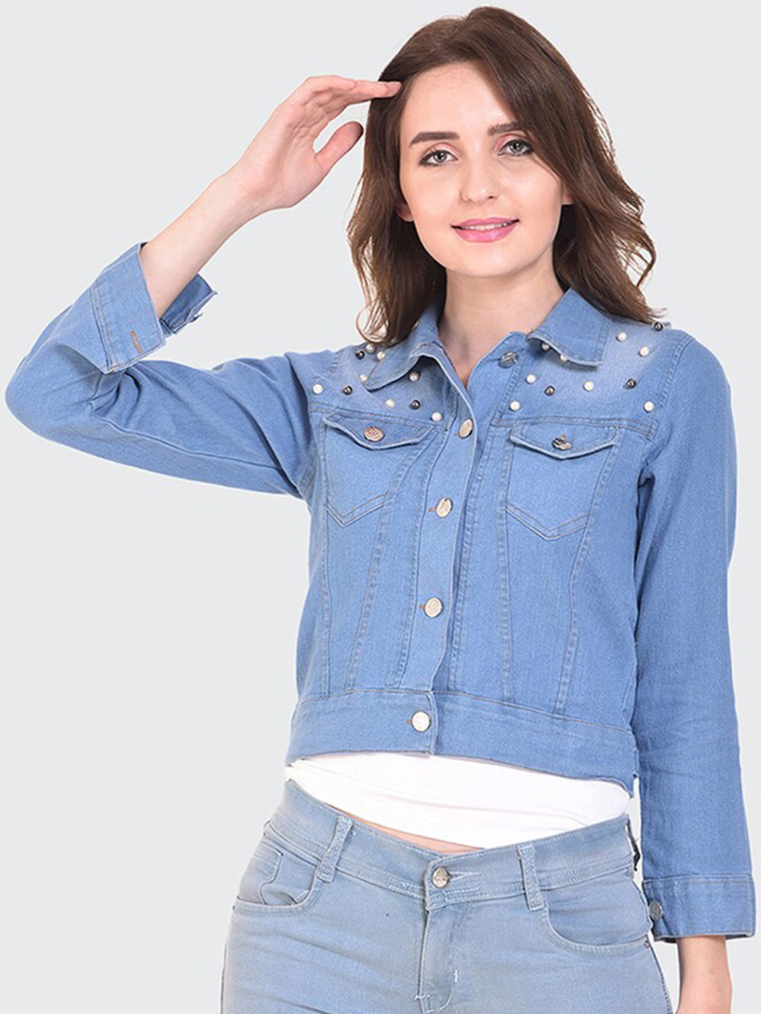 

BUY NEW TREND Women Blue Washed Lightweight Crop Denim Jacket with Embroidered