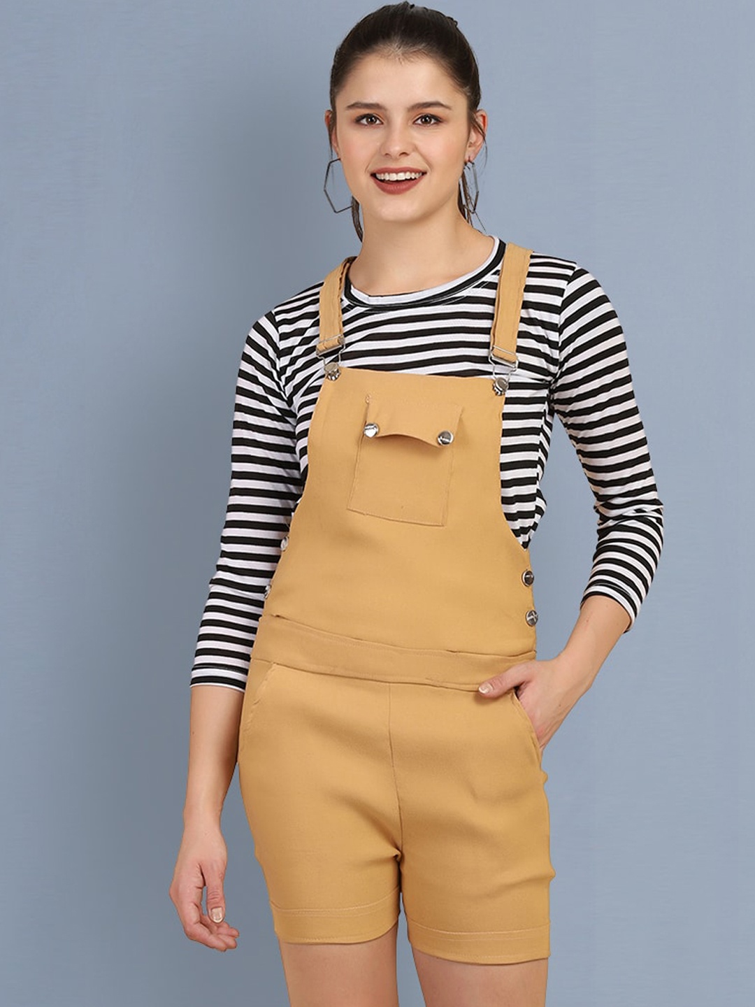 

BUY NEW TREND Women Beige Solid Dungarees With T-Shirt