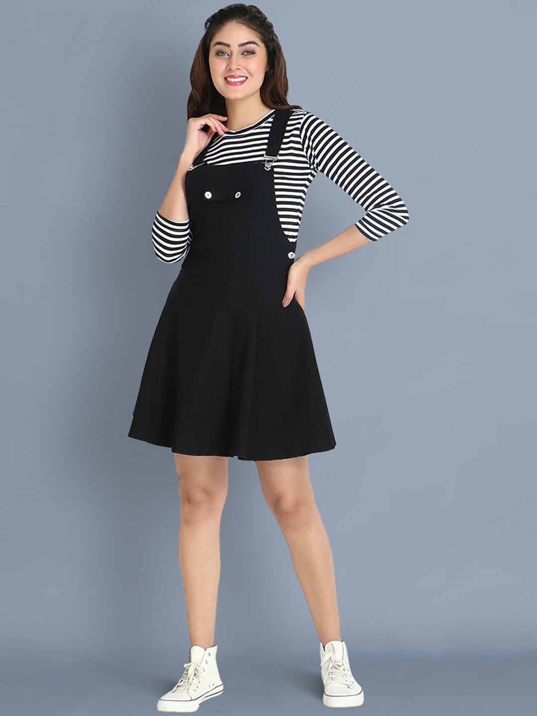 

BUY NEW TREND Women Black Solid Dungaree Skirt With T-Shirt