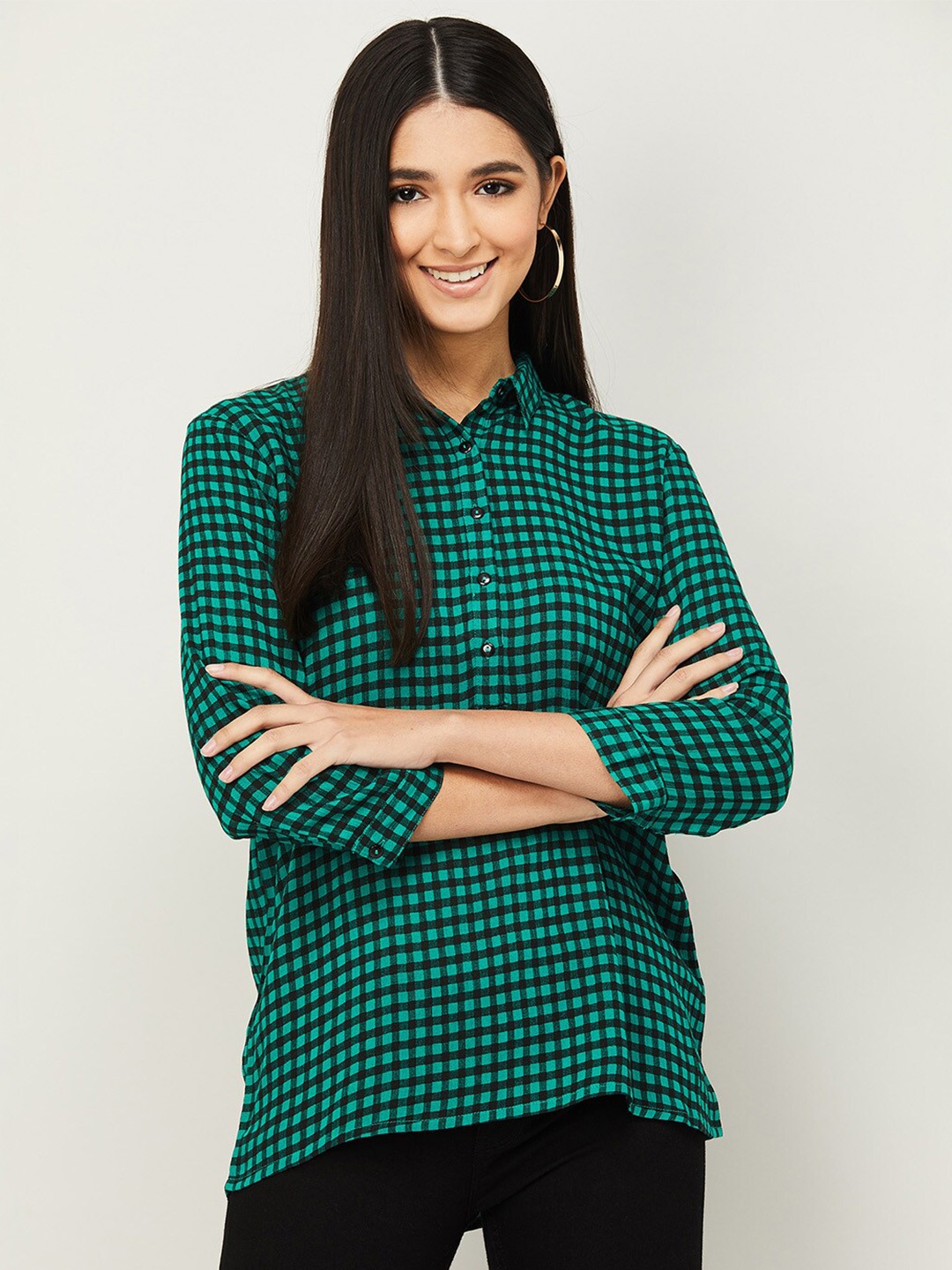 

Fame Forever by Lifestyle Women Green Geometric Print Shirt Style Top