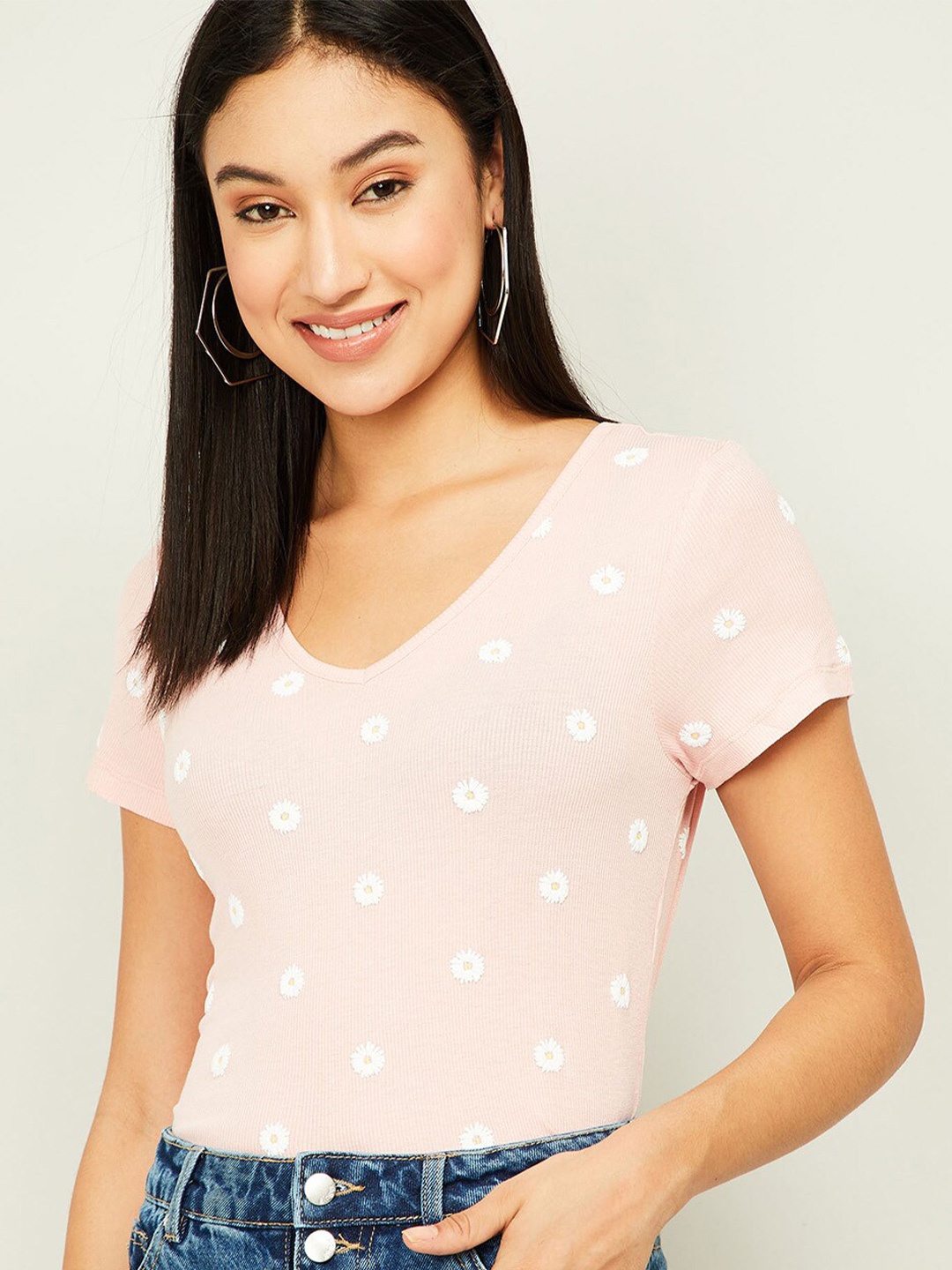 

Fame Forever by Lifestyle Pink & White Floral Embroidered Pure Cotton Top