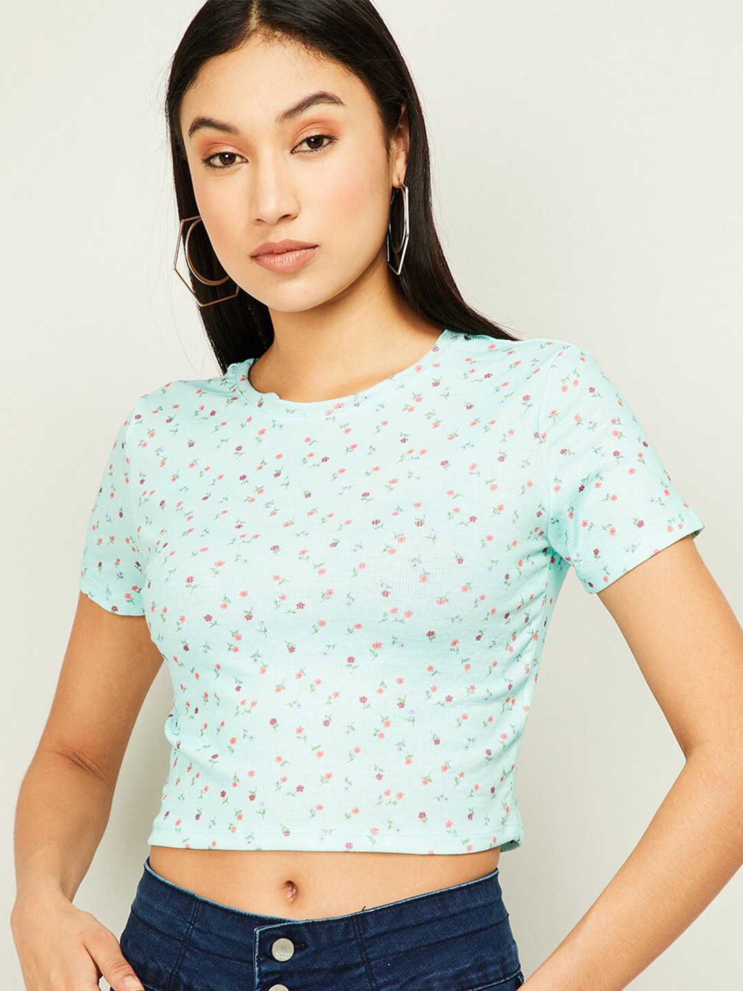 

Ginger by Lifestyle Blue & Pink Floral Print Crop Top