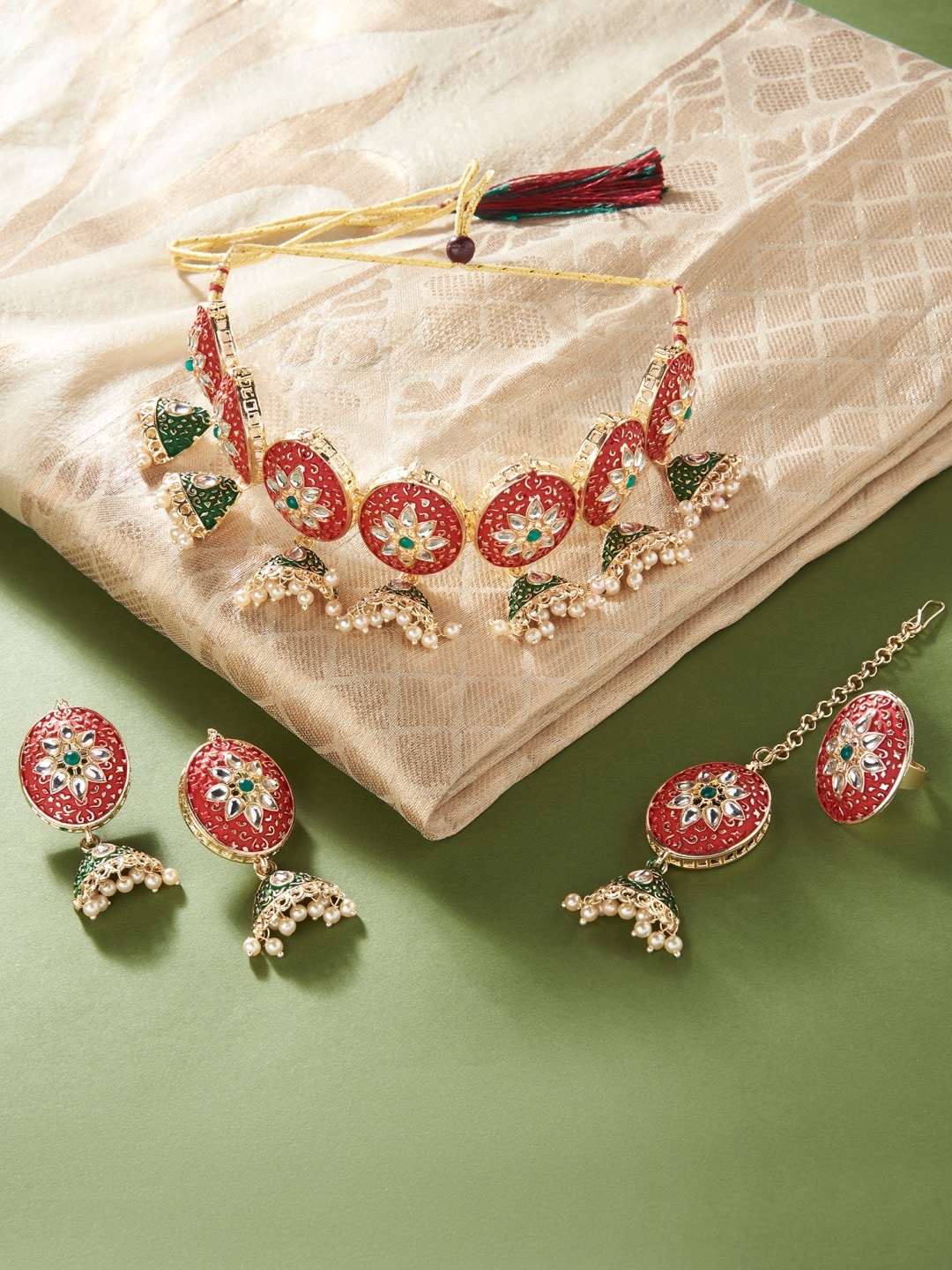 

Zaveri Pearls Gold-Plated White & Red Kundan-Studded & Beaded Meenakari Jewellery Set