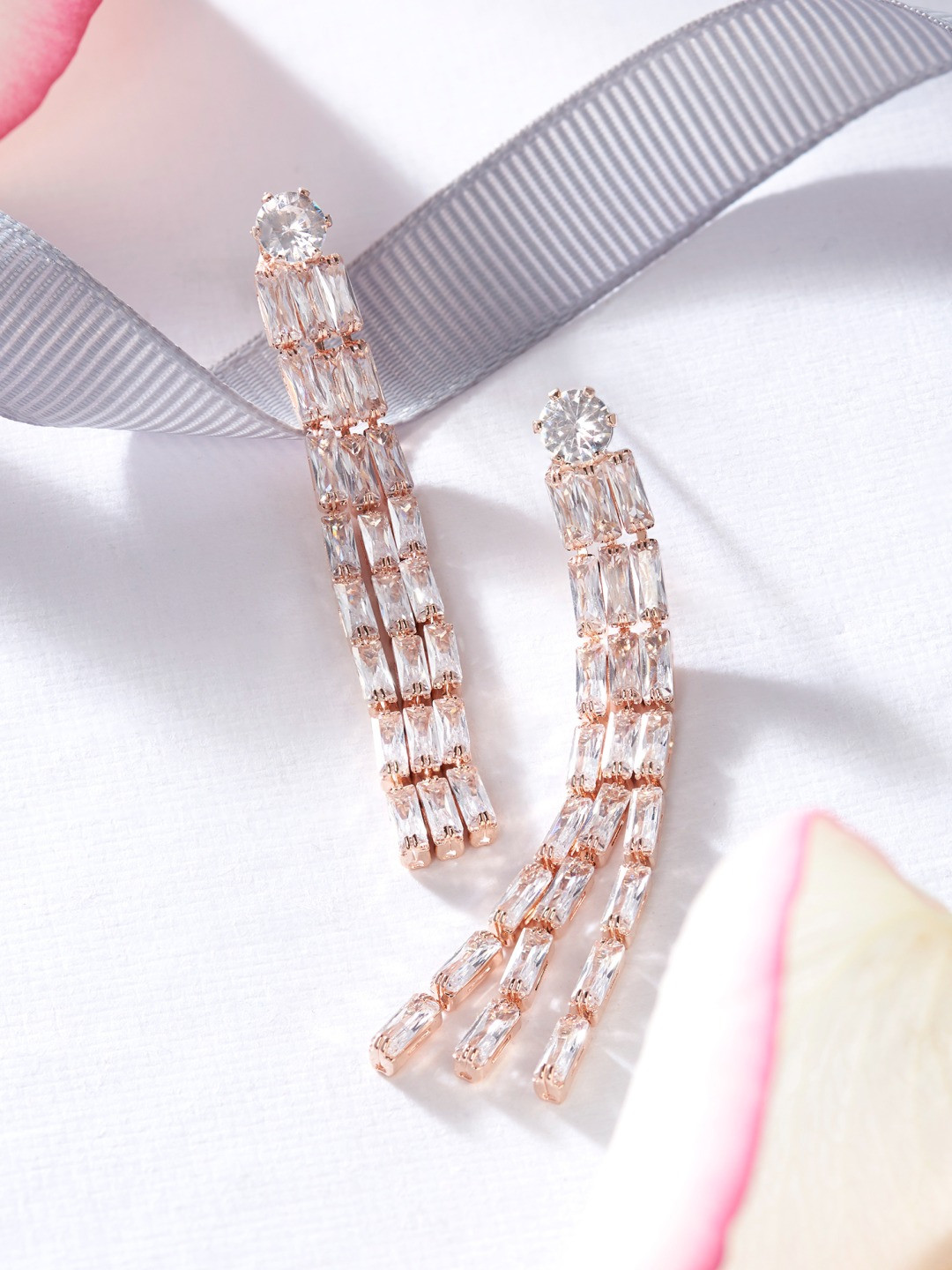 

AMI Rose Gold Plated Cubic Zirconia Studded Contemporary Drop Earrings