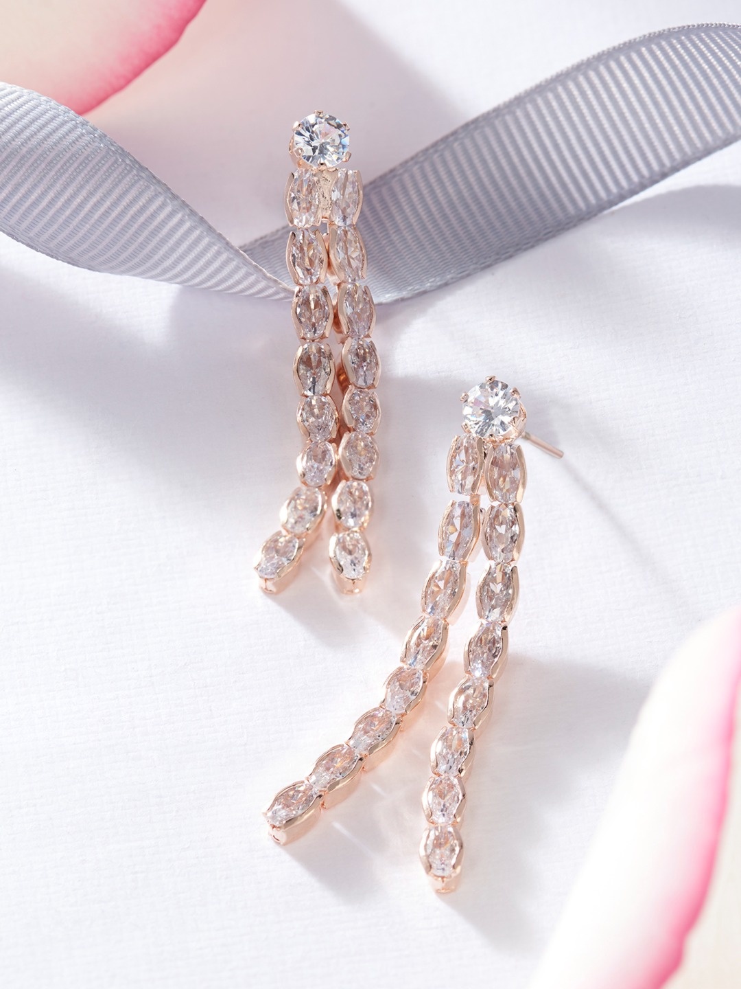 

AMI Rose Gold-Plated Cubic Zirconia Studded Contemporary Drop Earrings