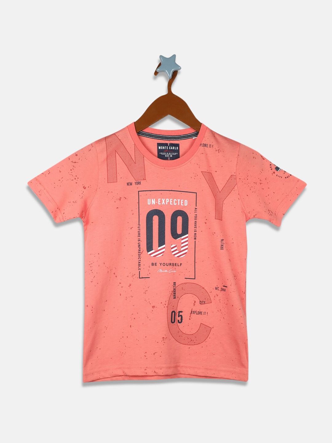 

Monte Carlo Boys Peach-Coloured & Navy Blue Printed T-shirt