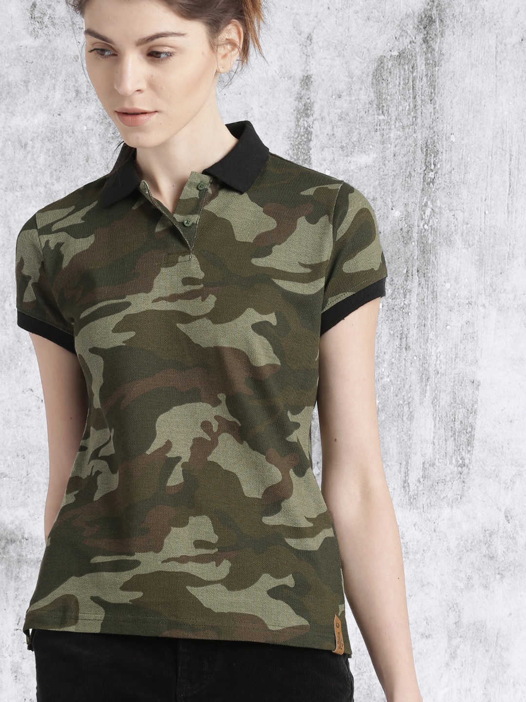 

Roadster Women Olive Green Brown Printed Polo Collar Pure Cotton T-shirt