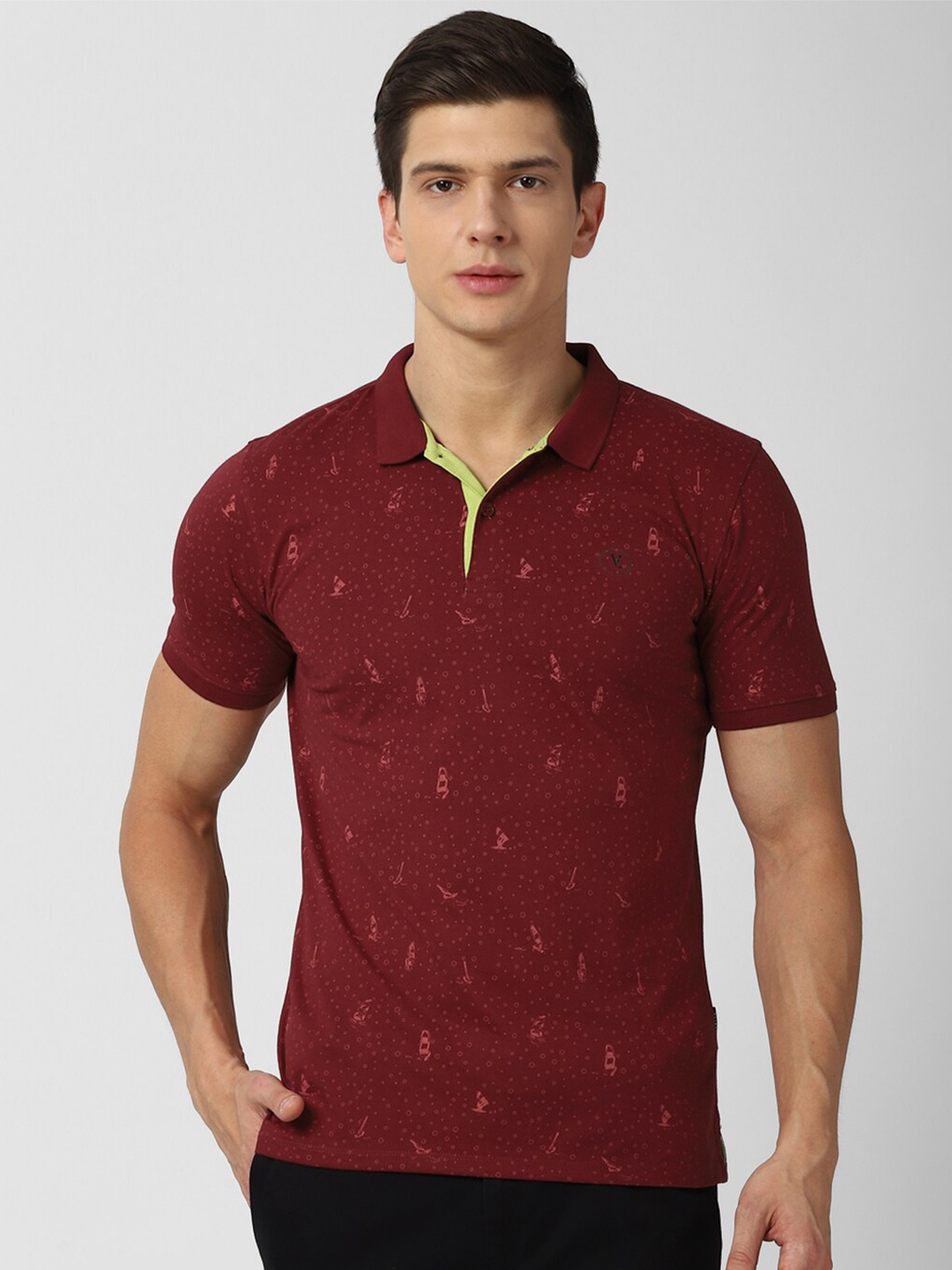 

V Dot Men Maroon Printed Polo Collar Slim Fit T-shirt