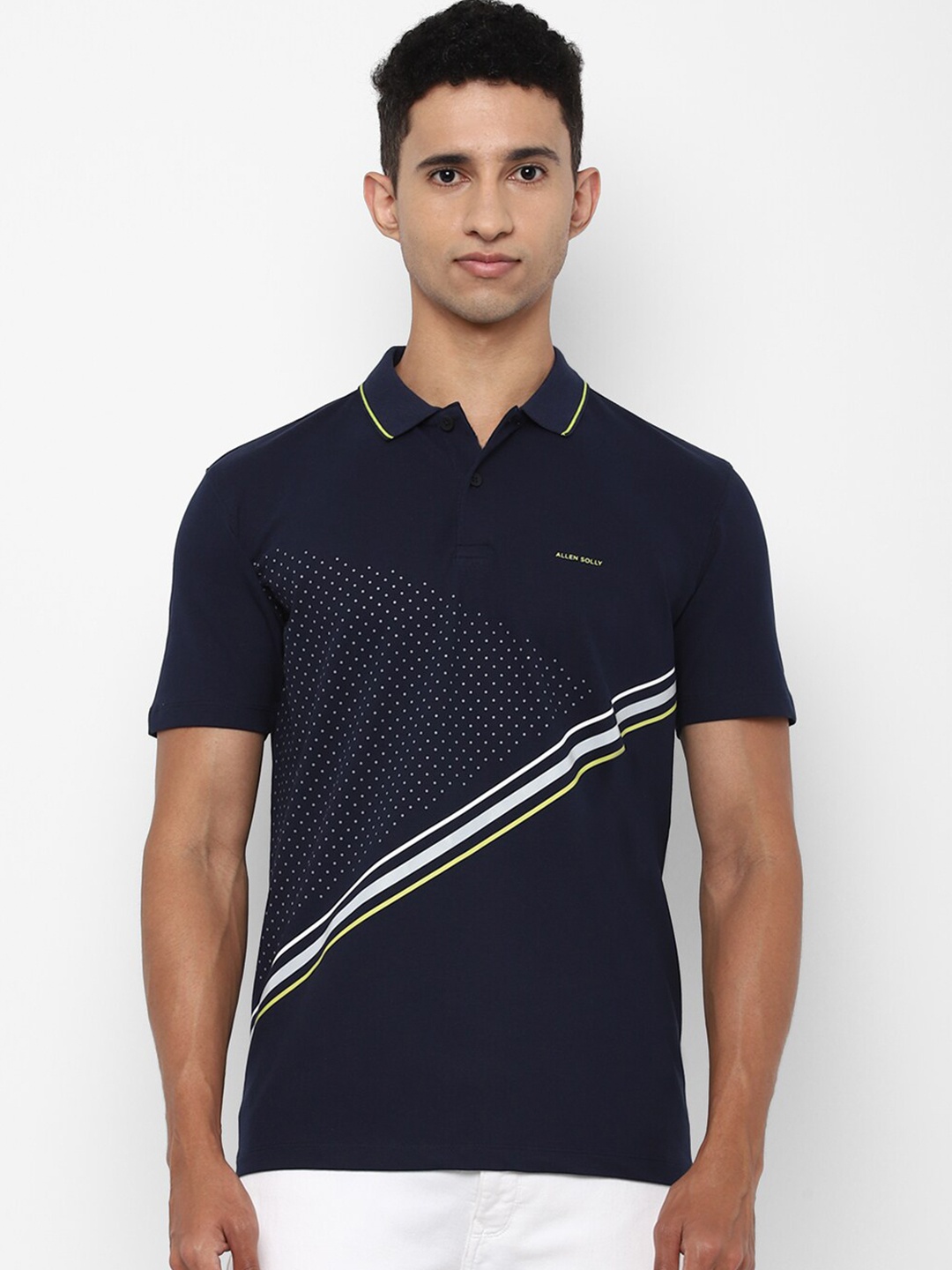 

Allen Solly Men Navy Blue & White Printed Polo Collar Pure Cotton T-shirt