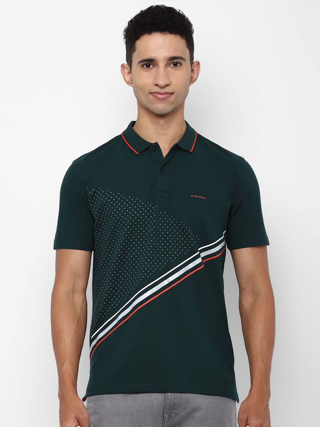 

Allen Solly Men Green Printed Polo Collar Pure Cotton T-shirt