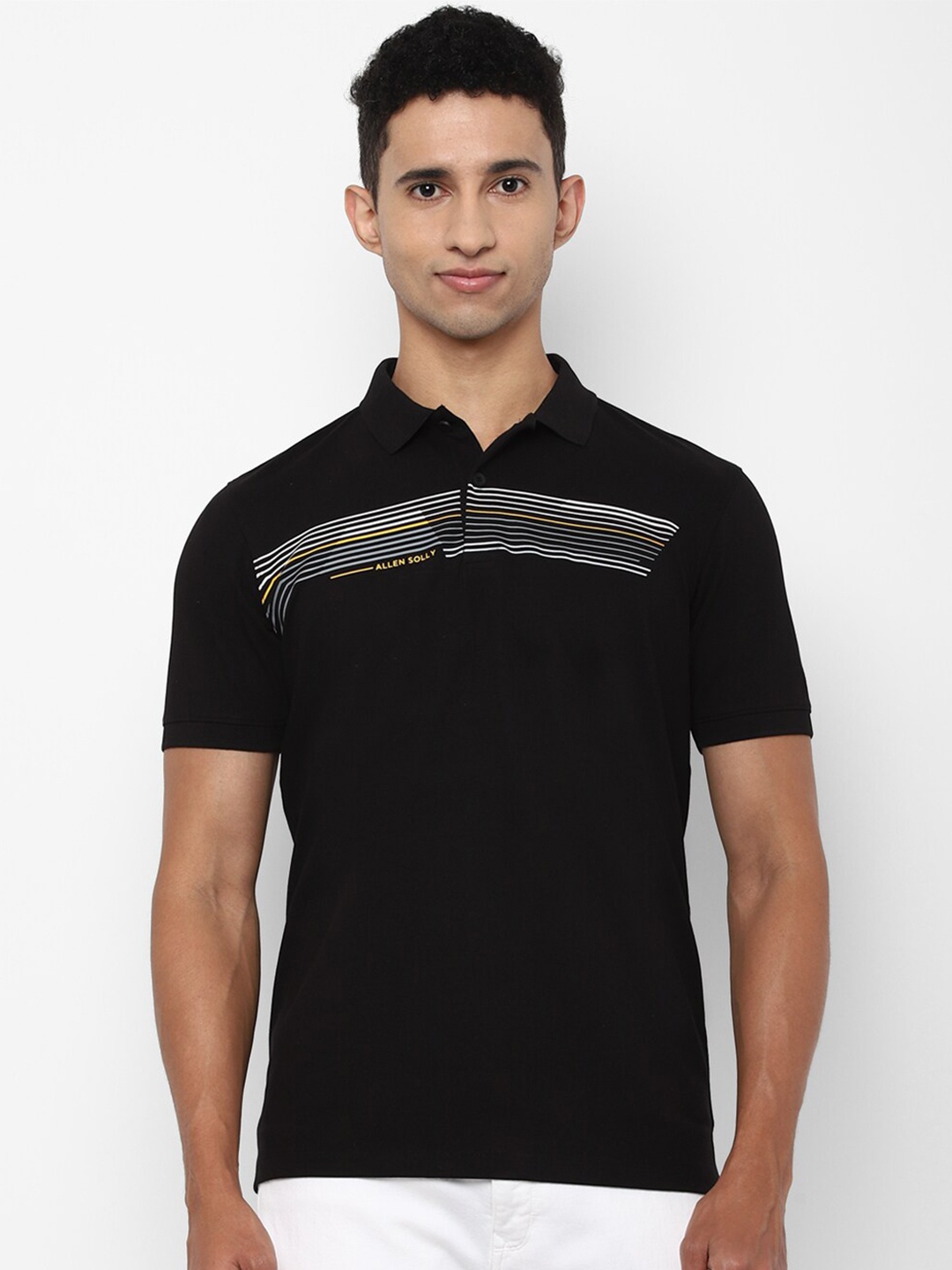

Allen Solly Men Black Striped Polo Collar Cotton T-shirt