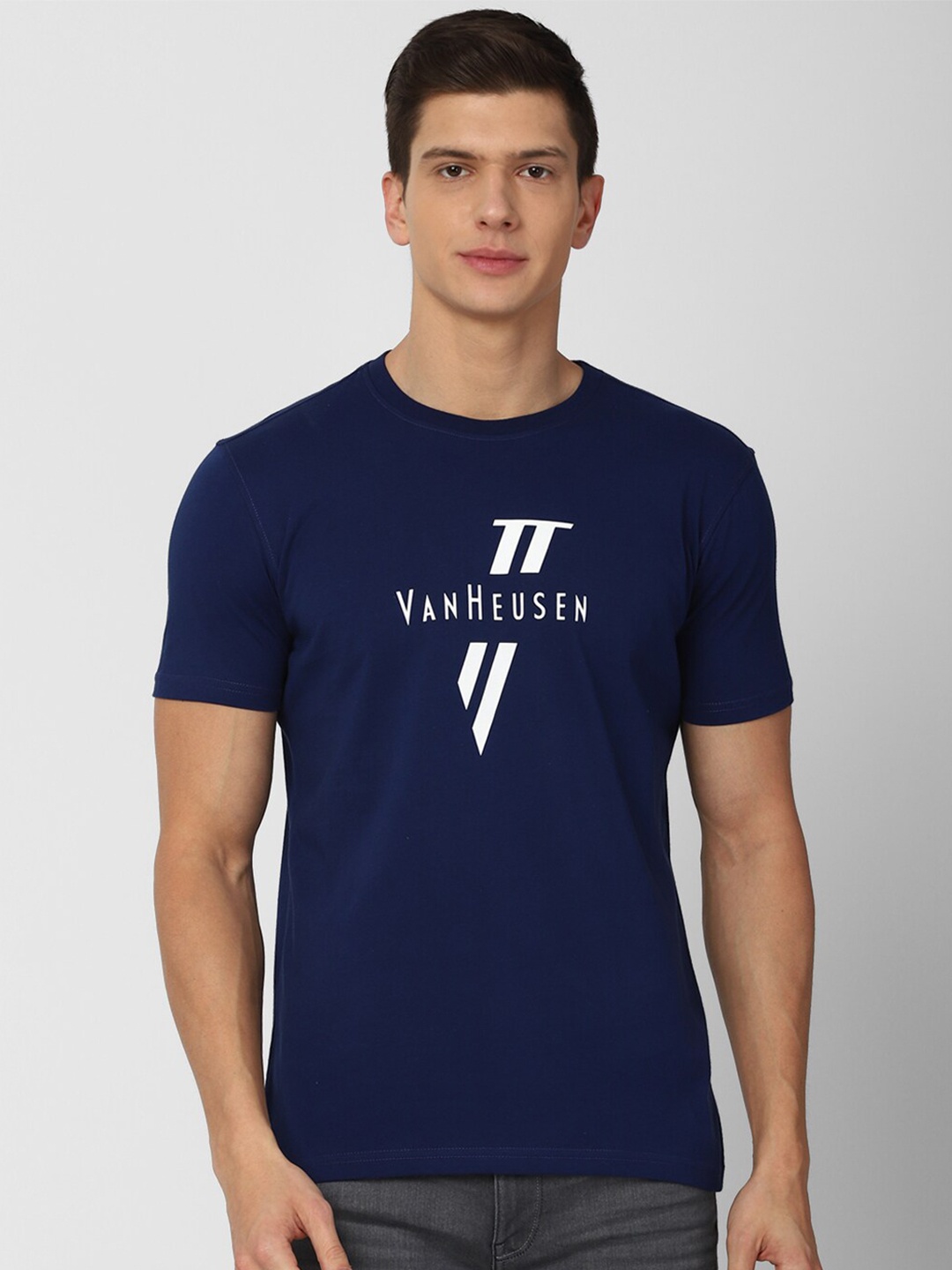 

Van Heusen Sport Men Navy Blue & White Brand Logo Printed Pure Cotton T-shirt