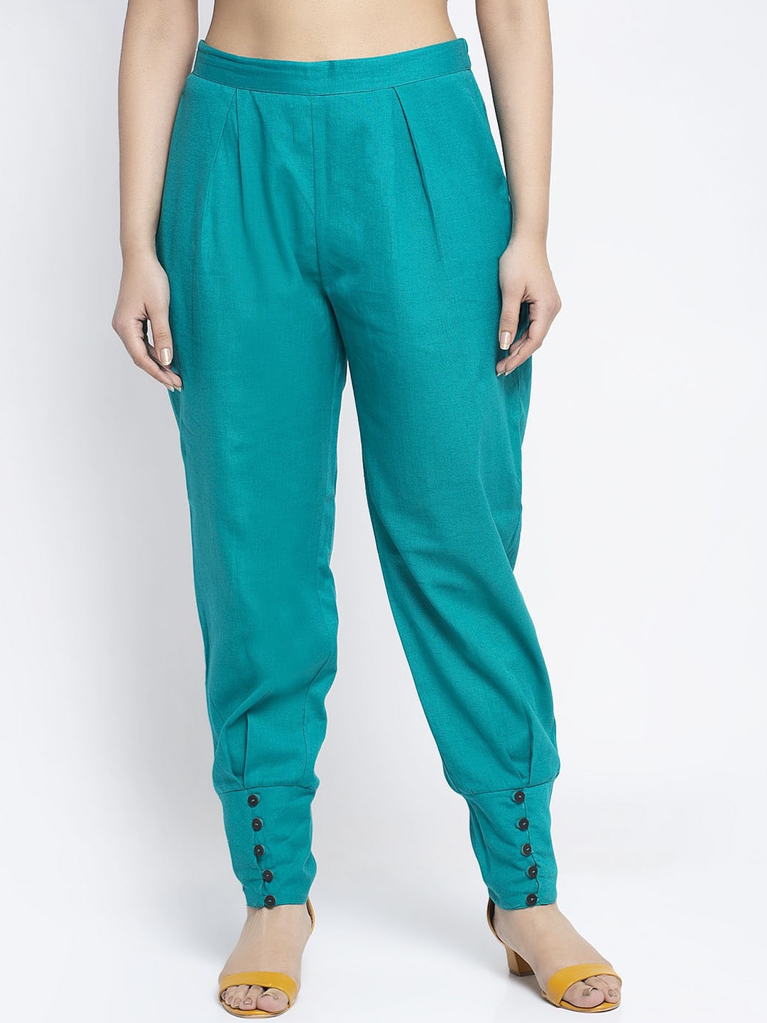 

Aujjessa Women Sea Green Smart Pleated Jodhpuris Pure Cotton Trousers