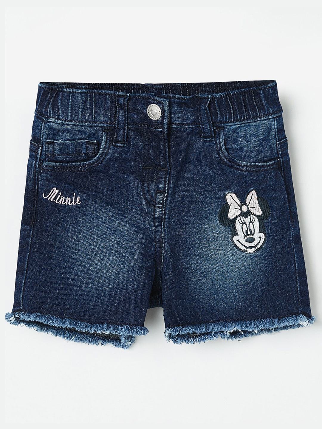 

Juniors Girls Blue Humour and Comic Printed Minnie Mouse Denim Shorts