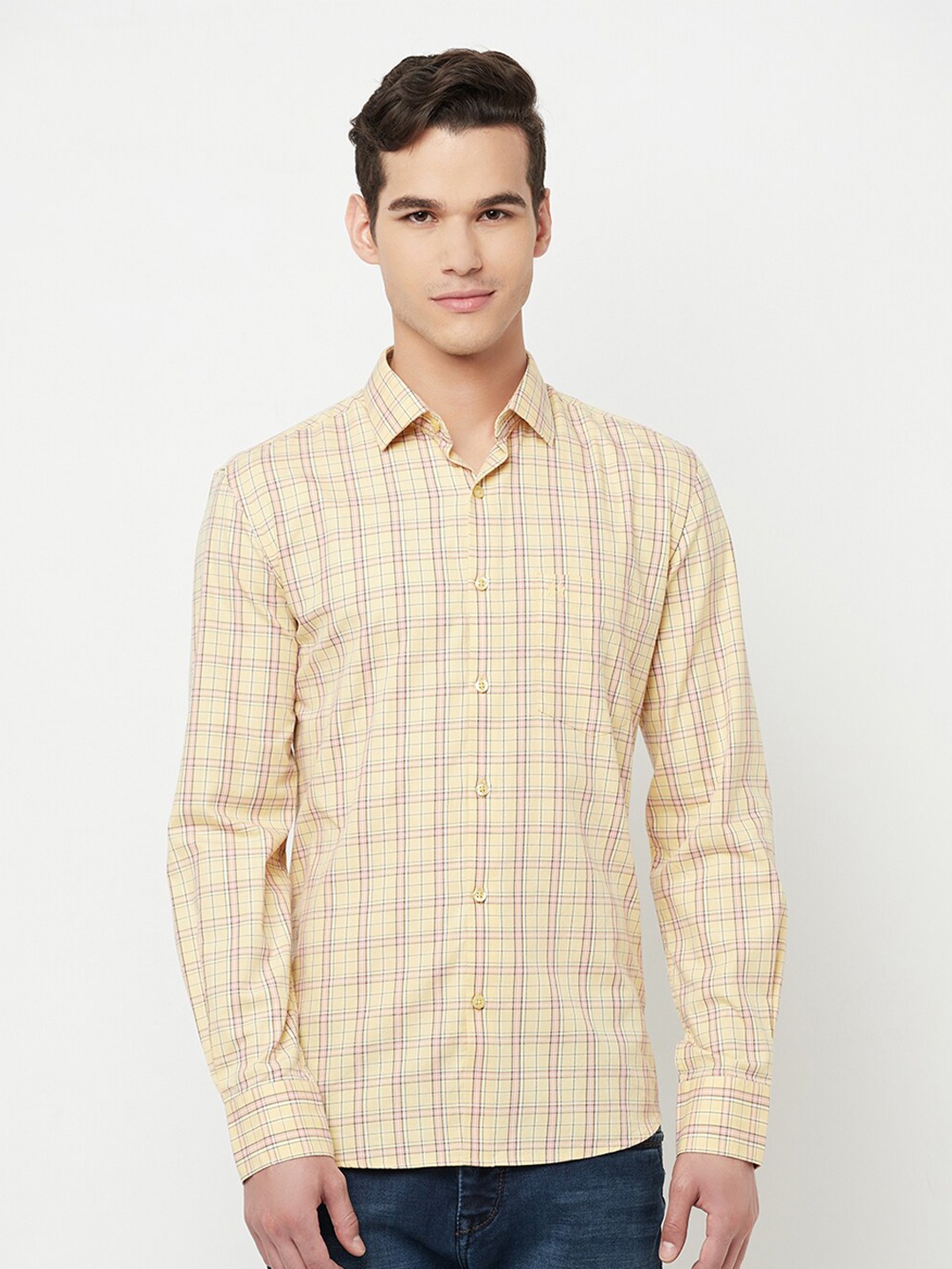 

Crimsoune Club Men Yellow & Pink Slim Fit Checked Pure Cotton Casual Shirt
