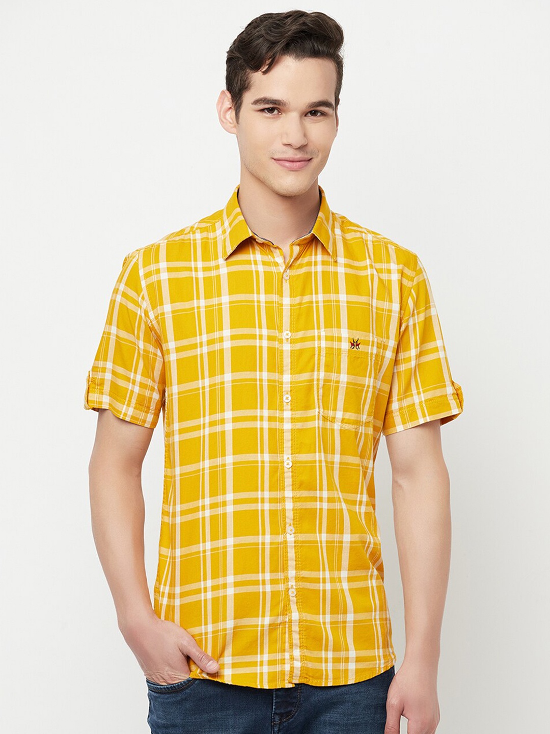 

Crimsoune Club Men Mustard Yellow & White Slim Fit Checked Casual Shirt