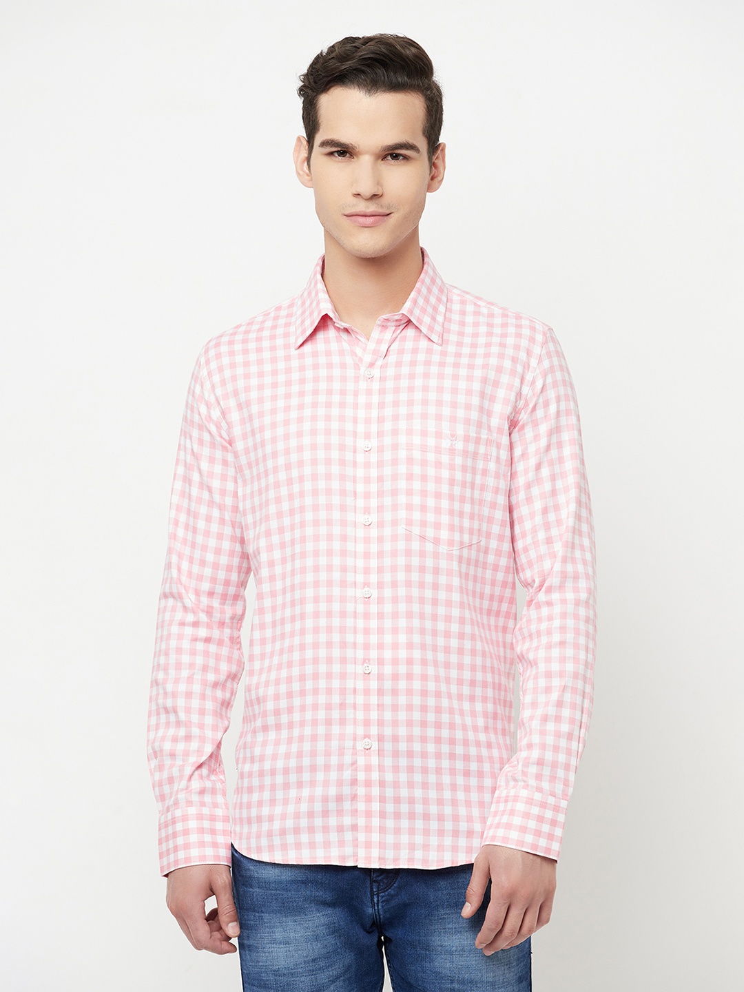 

Crimsoune Club Men Pink Slim Fit Grid Gingham Checked Pure Cotton Casual Shirt