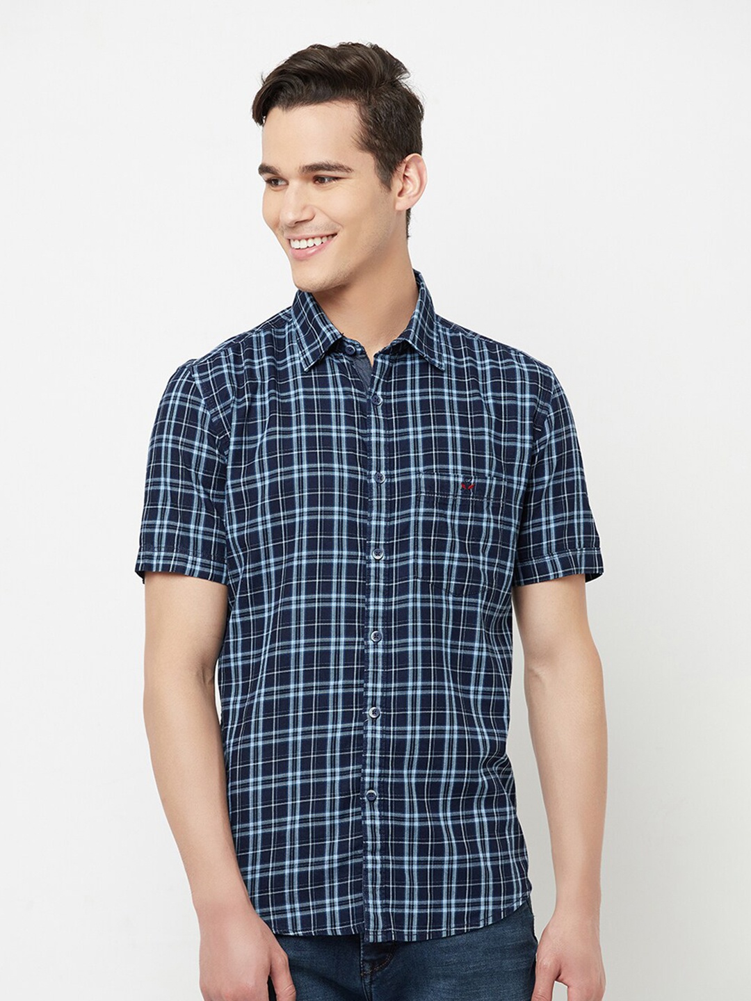 

Crimsoune Club Men Navy Blue Slim Fit Tartan Checks Checked Casual Shirt