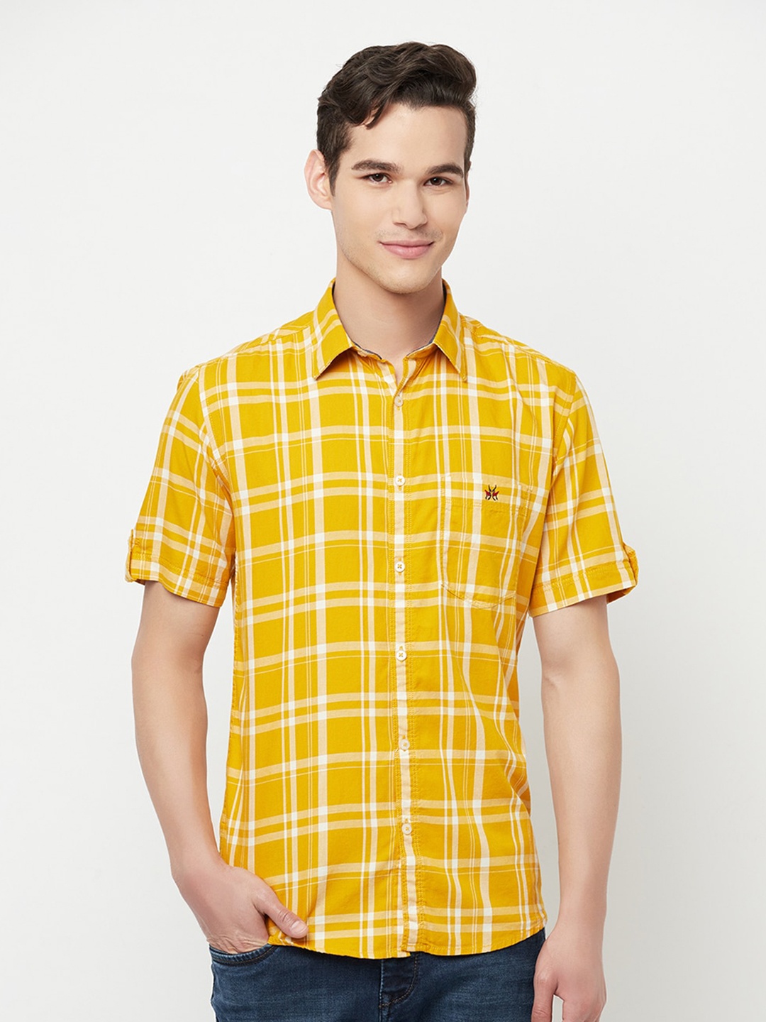 

Crimsoune Club Men Mustard Yellow & White Slim Fit Checked Casual Shirt