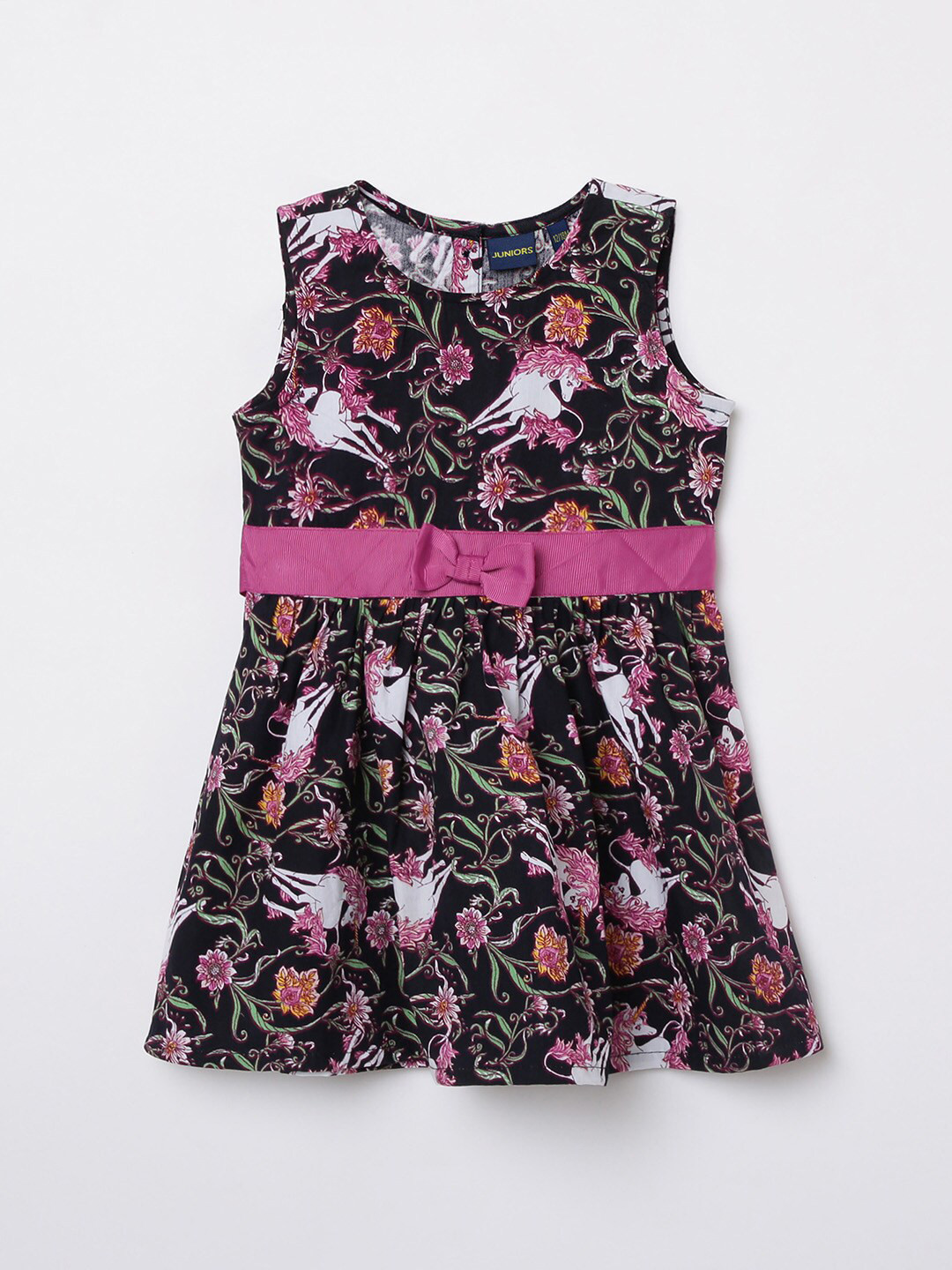 

Juniors Girls Navy Blue & Pink Floral Printed Organic Cotton Dress