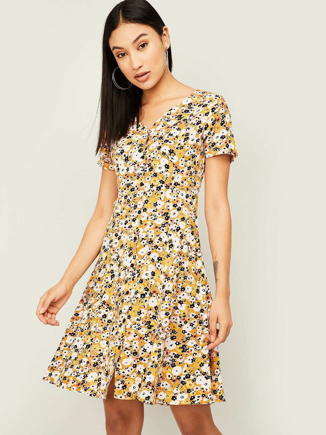 

Fame Forever by Lifestyle Mustard Yellow & White Floral Cotton A-Line Dress