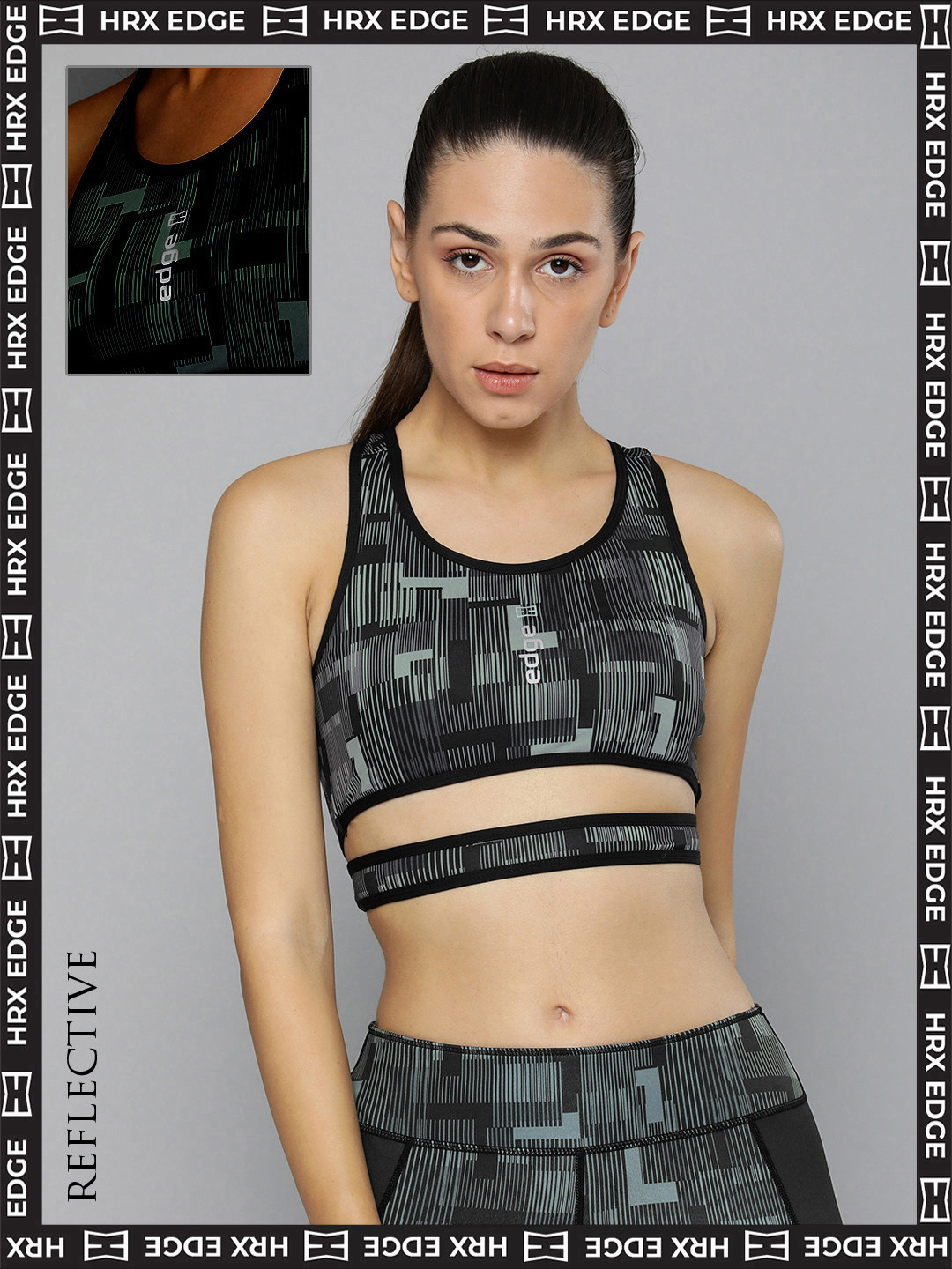 

HRX By Hrithik Roshan Women Black Rapid-Dry AOP EDGE Sports Bra