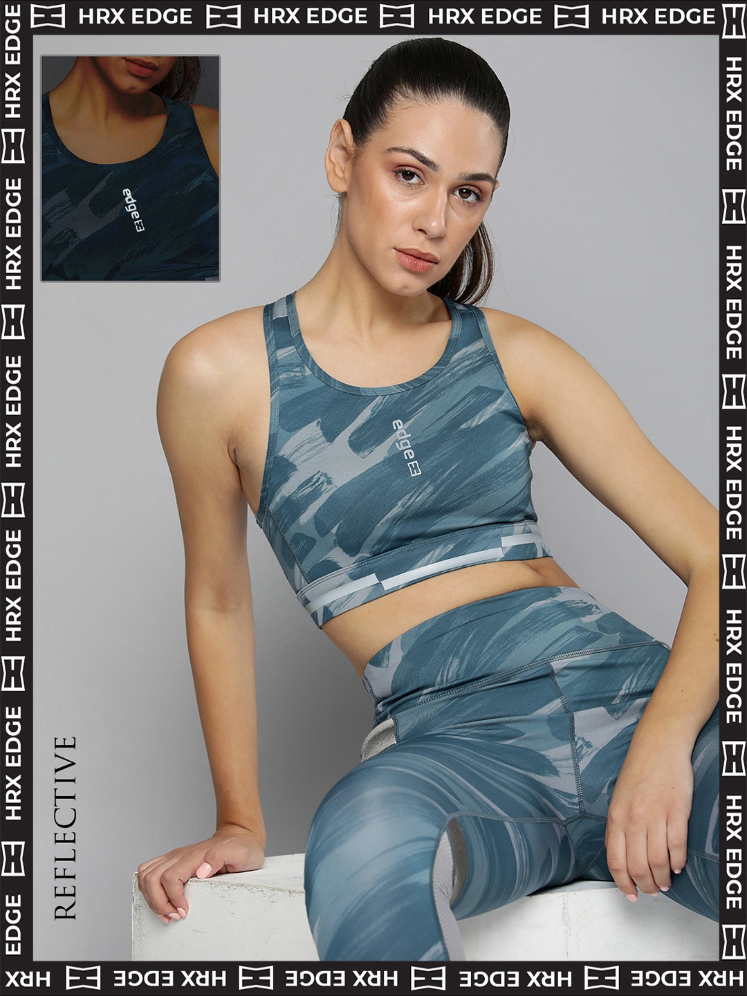 HRX By Hrithik Roshan EDGE Women Tradewinds Rapid-Dry AOP Sports Bra, Blue