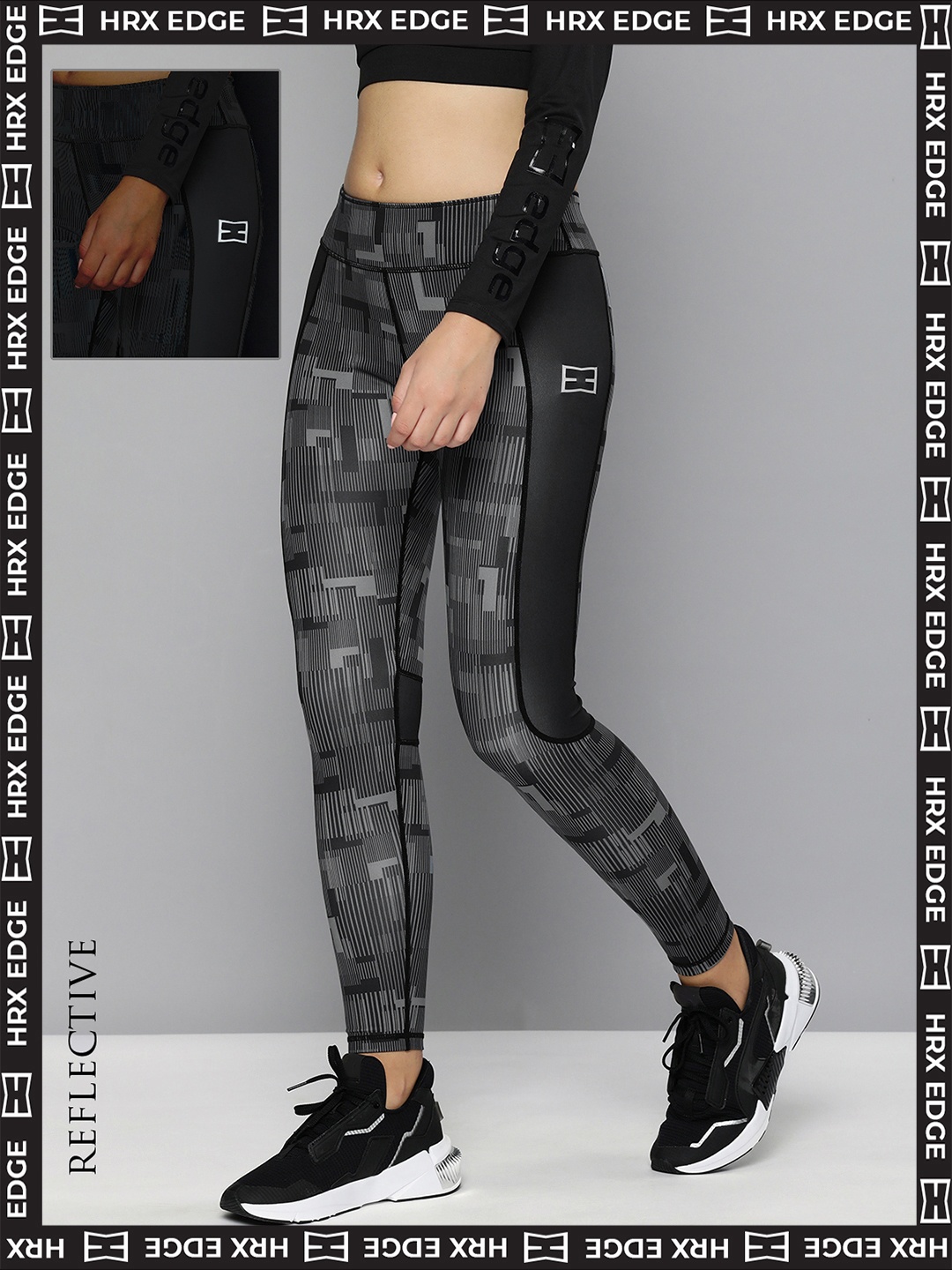 

HRX By Hrithik Roshan EDGE Women Jet Black Reversible AOP Tights, Grey