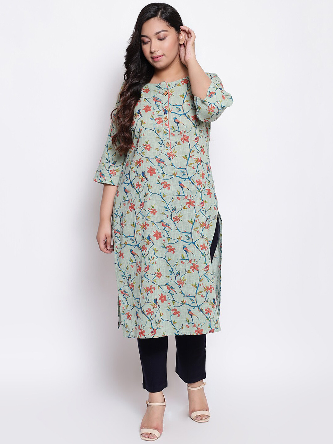 

Amydus Women Plus Size Green Floral Printed Organic Cotton Kurta