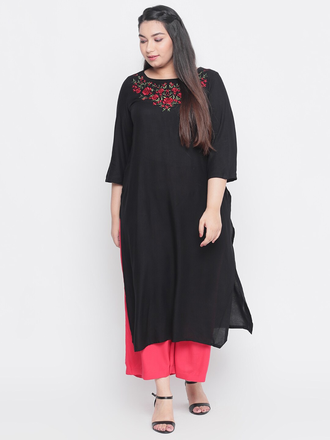 

Amydus Women Plus Size Black Floral Embroidered Kurta