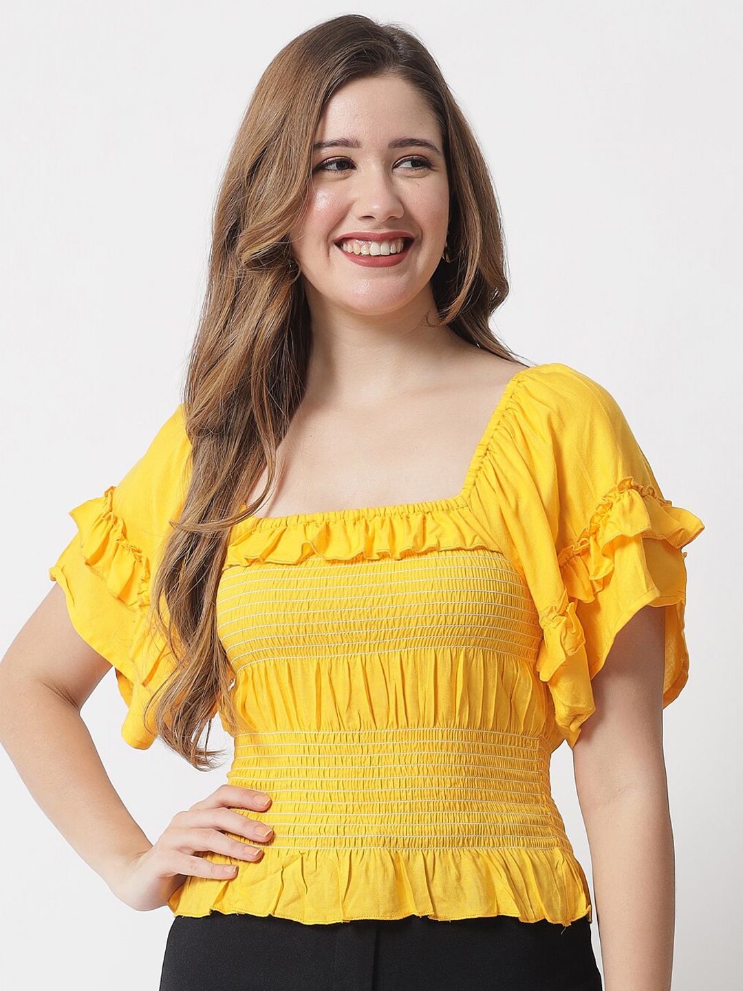 

The Dry State Women Yellow Self Design Square Neck Regular Top