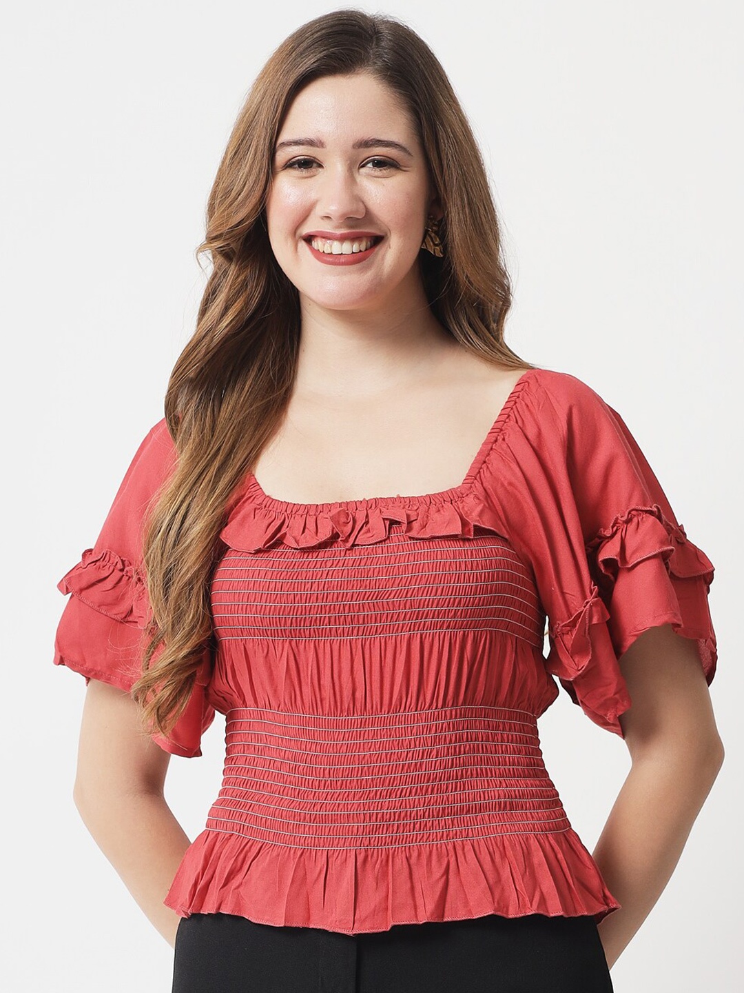 

The Dry State Red Solid Smocked Fitted Top