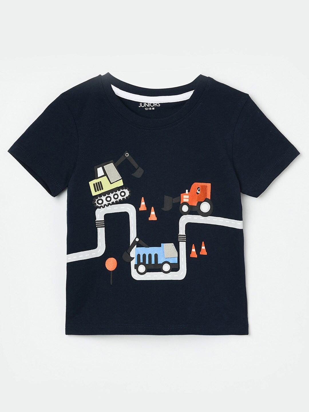 

Juniors Boys Navy Blue & White Printed Pure Cotton T-shirt