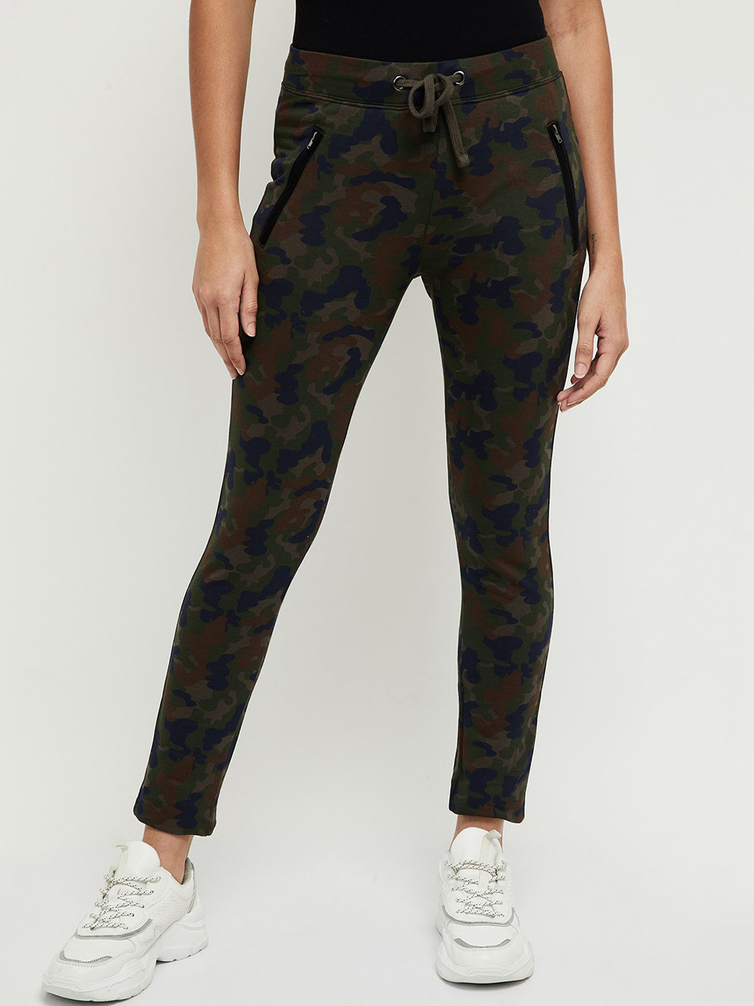 

max Women Olive Green & Blue Camouflage Print Pure Cotton Track Pants