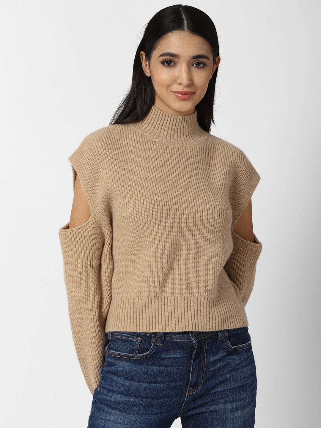 

FOREVER 21 Women Brown Solid Cold Shoulder Pullover