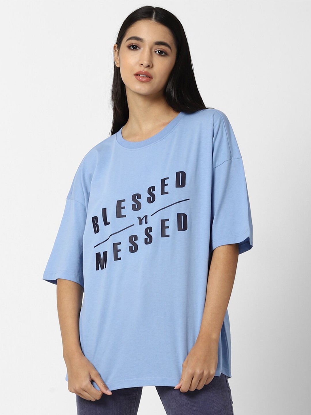

FOREVER 21 Women Blue Printed Drop shoulder Sleeves T-Shirt, Purple