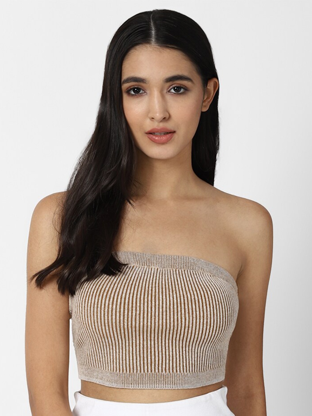 

FOREVER 21 Women Brown Striped Tube Crop Top