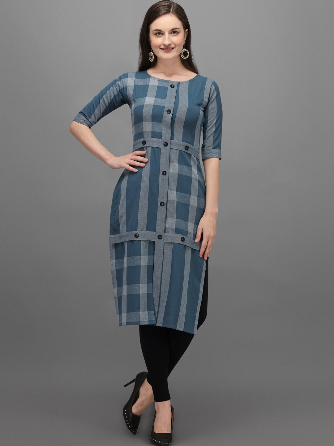 

Fashion Booms Women Blue Checked Thread Work Kurta