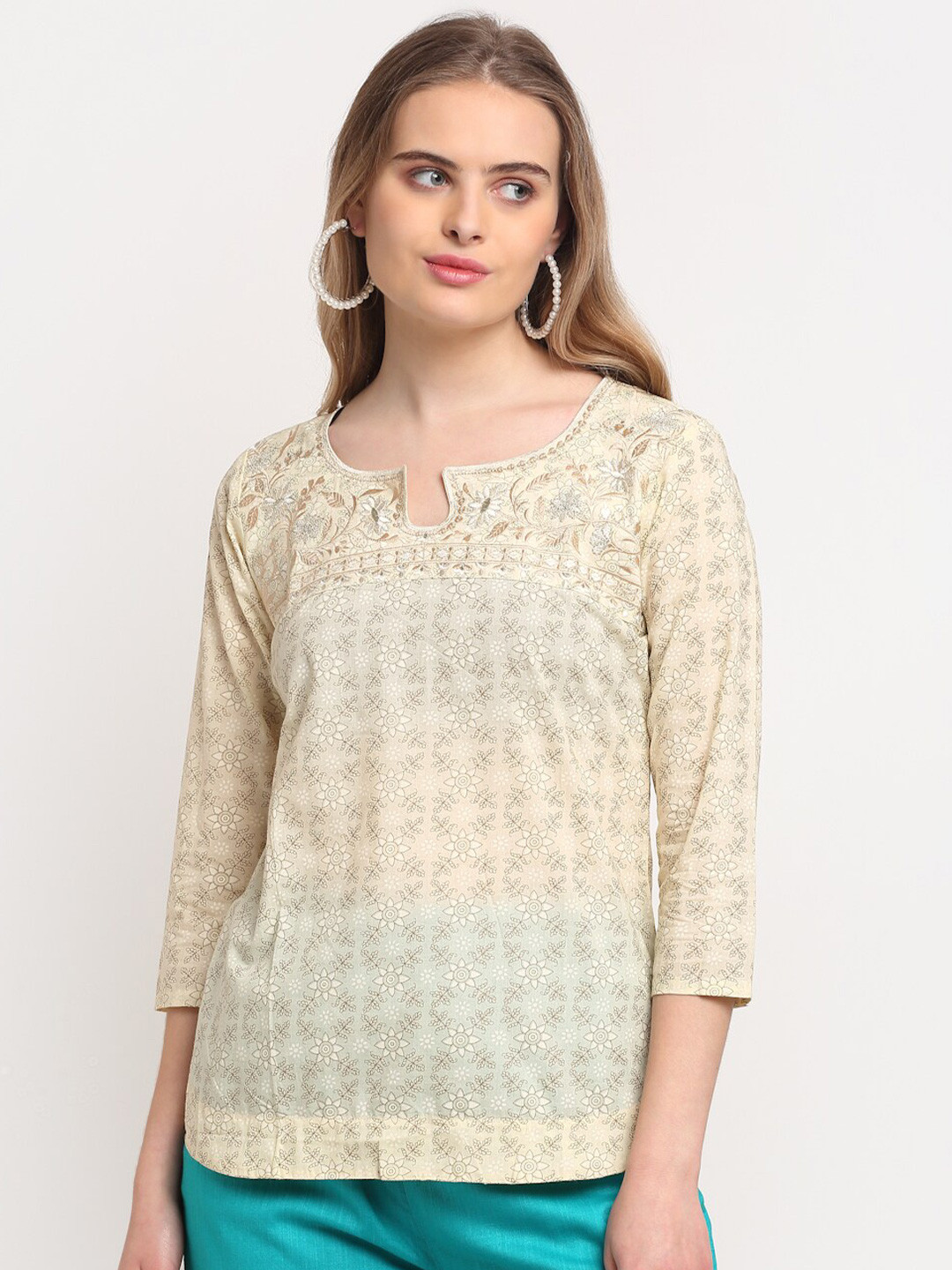 

Lovely Lady Cream-Coloured Floral Embroidered Thread Work Pure Cotton Kurti
