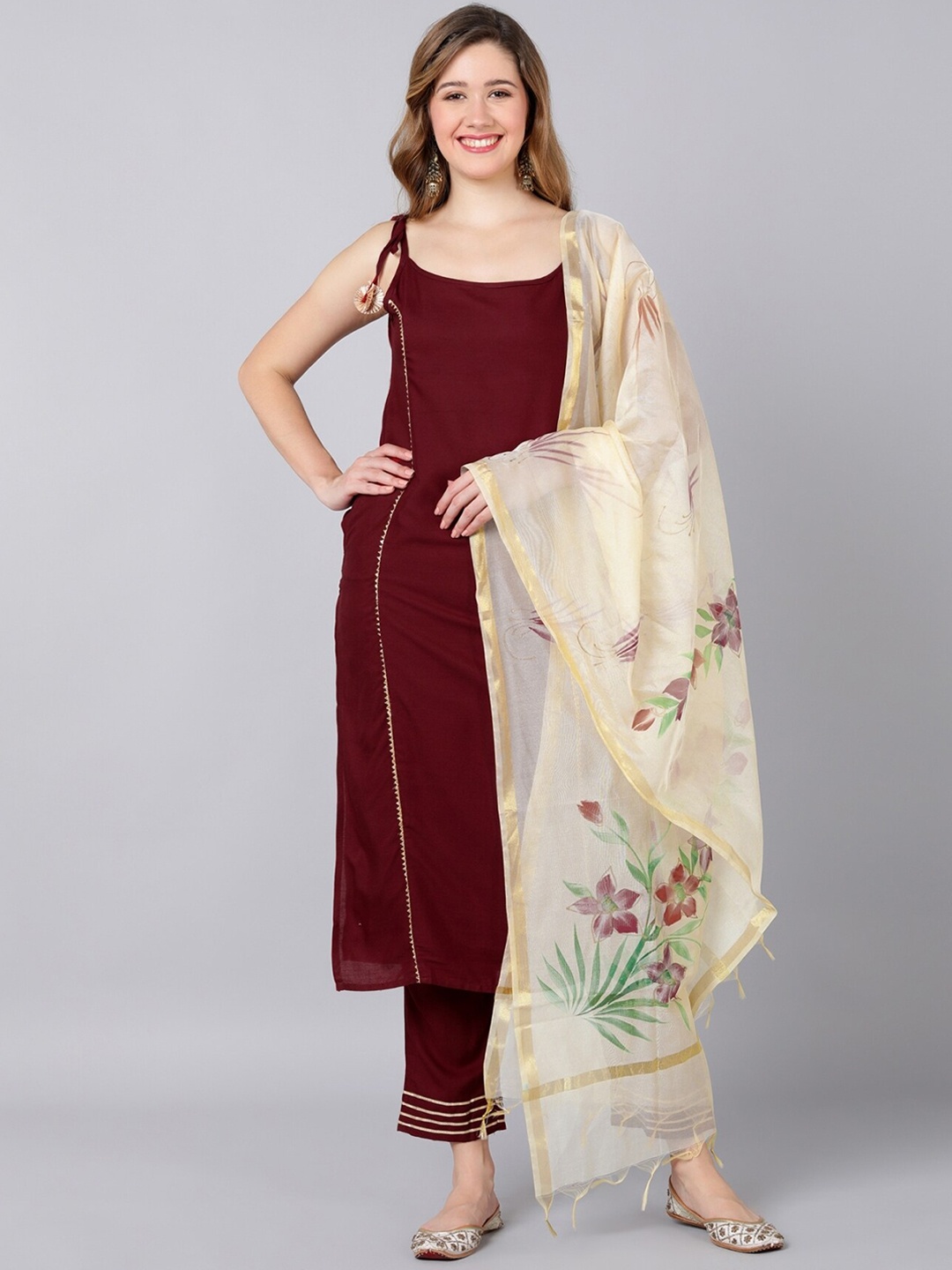 

Indi INSIDE Women Maroon Ethnic Motifs Gotta Patti Kurti with Trousers & With Dupatta