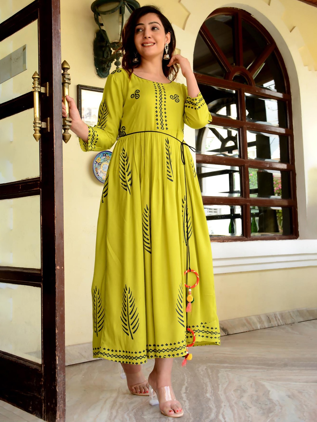 

Indi INSIDE Women Lime Green Block Printed Flared Kurta