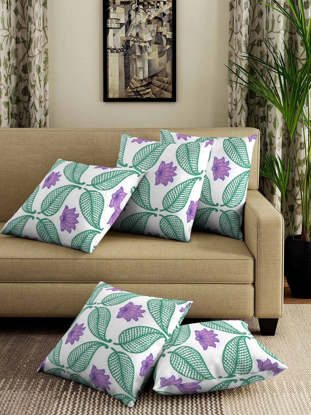 

Dhrohar Purple & White Set of 5 Floral Square Cotton Cushion Covers